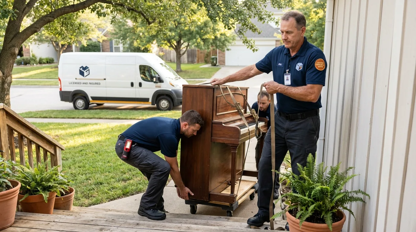 Licensed piano movers securing grand piano in Stanton, KY