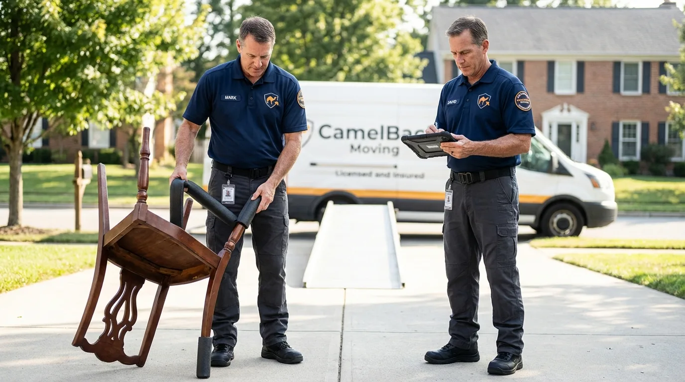 Movers inspecting furniture for damage prevention before loading in Stanton, KY